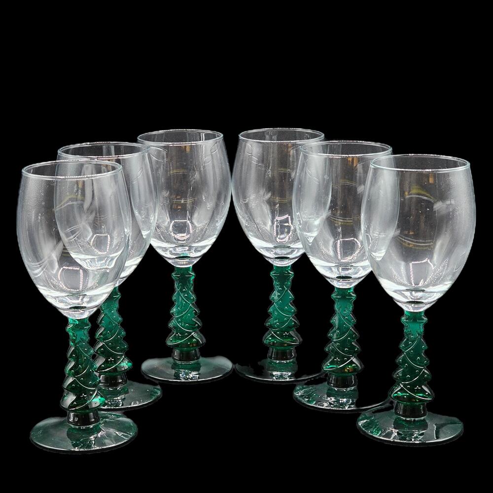 Libbey Green Christmas Tree Stem Wine Glasses Vintage Holiday Set